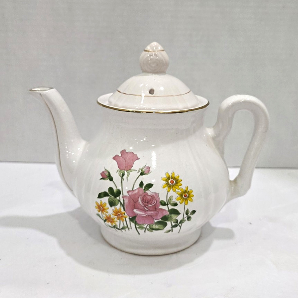 Vintage Made in Japan Floral Teapot Pink Roses Yellow Flowers Gold Trim 6.5"